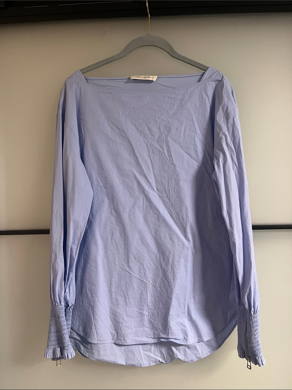 Designer Light Blue Long Sleeve Boatneck Top with zip cuff feature